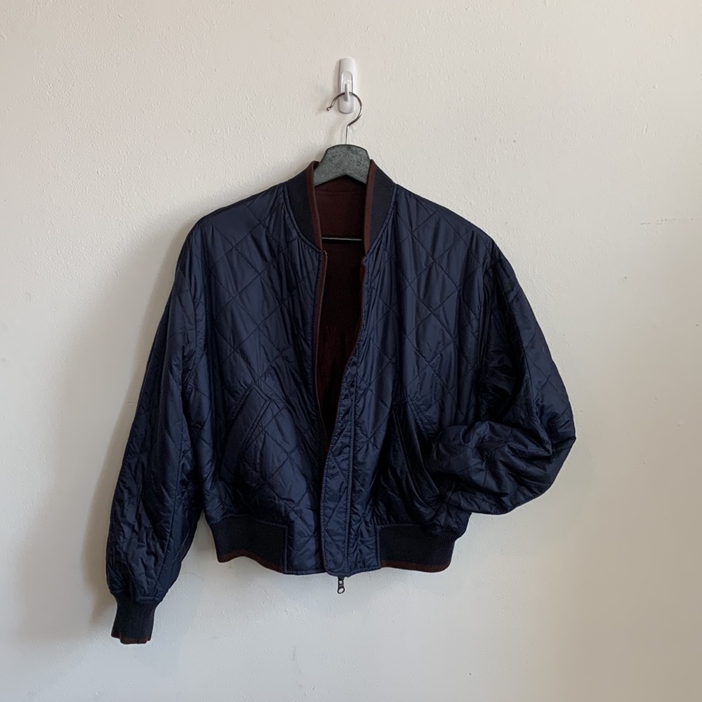 NWOT Vince REVERSIBLE 5-pkt Flight Jacket Navy Quilted  and Merlot Patchwork - Picture 5 of 12